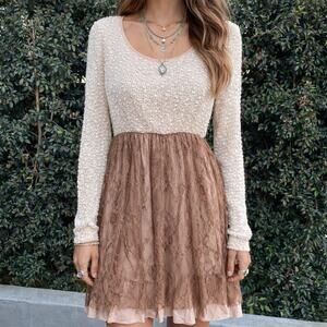 A’reve Romantic Tan Cream Underlined Tulle Stretch Long Sleeve Fairy Dress Small
